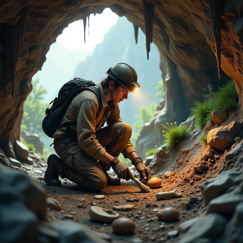 Photorealistic Archaeologist in a Mountain Cave