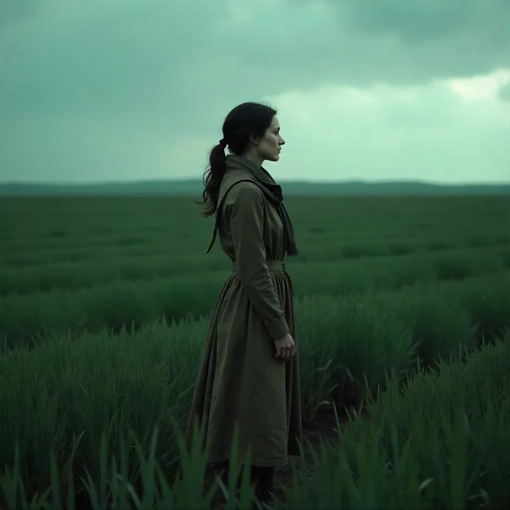 Contemplative Woman in a Dark Green Field