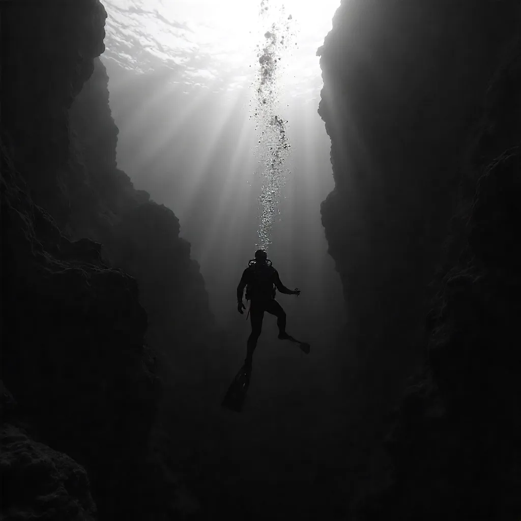 Solitary Diver Descends into a Black & White Abyss