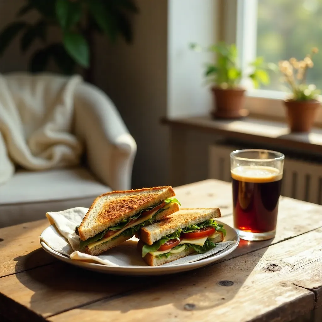 Cozy Rustic Brunch: Sandwiches and Iced Coffee