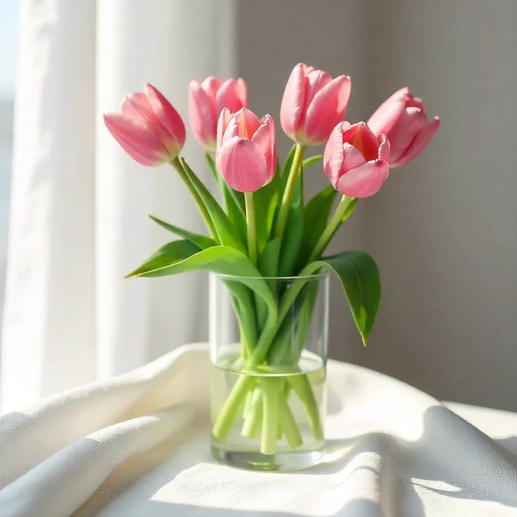 Pink Tulip Arrangement on White Linen