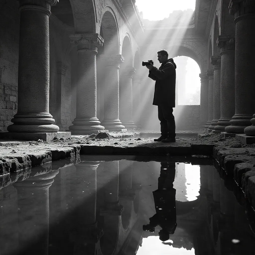 Mysterious Photographer's Reflection in Ancient Ruins