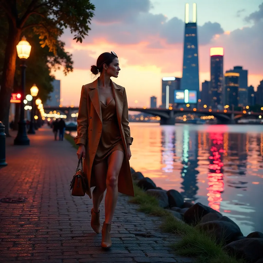 Stylish Woman Walking Along Neon Riverfront