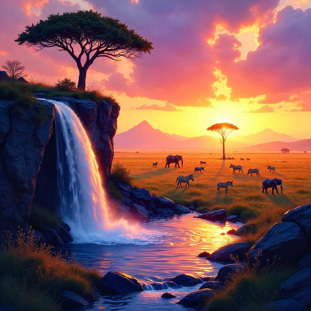 Savanna Vista by a Waterfall in Digital Sunset