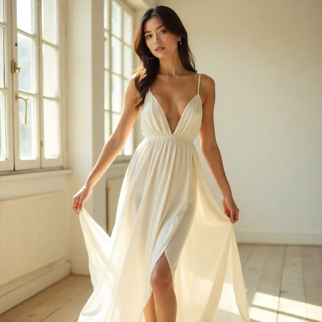 Sunlit Grace in a White Dress Studio Portrait