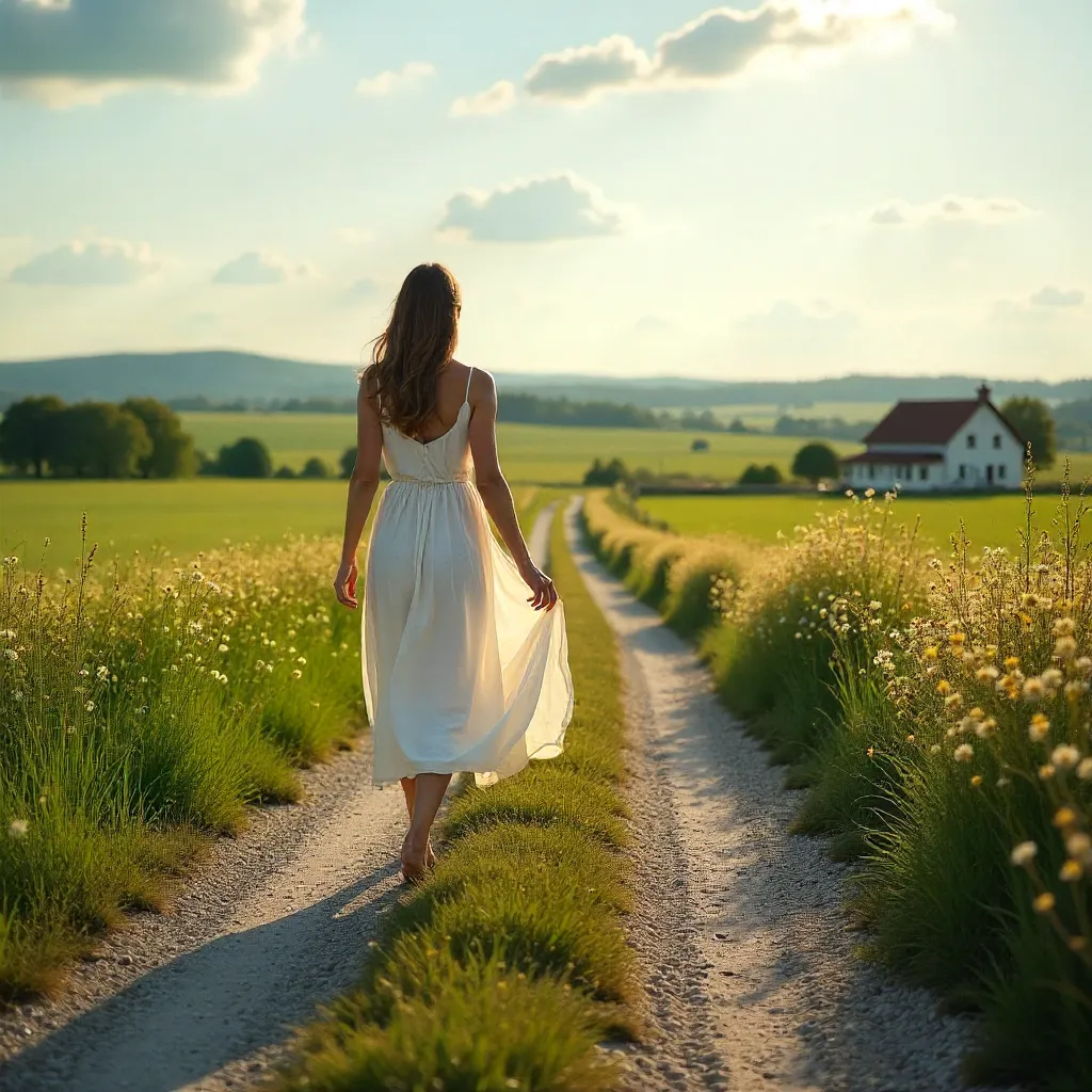 Serene Rural Path with a Flowing Dress