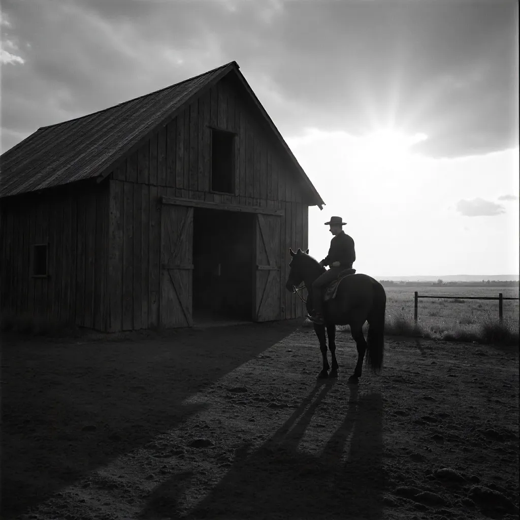 Noir Silhouette: Rider Before the Barn