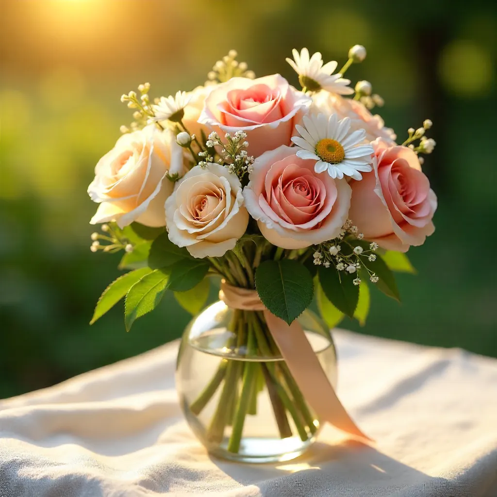 Elegant Roses and Daisies in Warm Sunlight