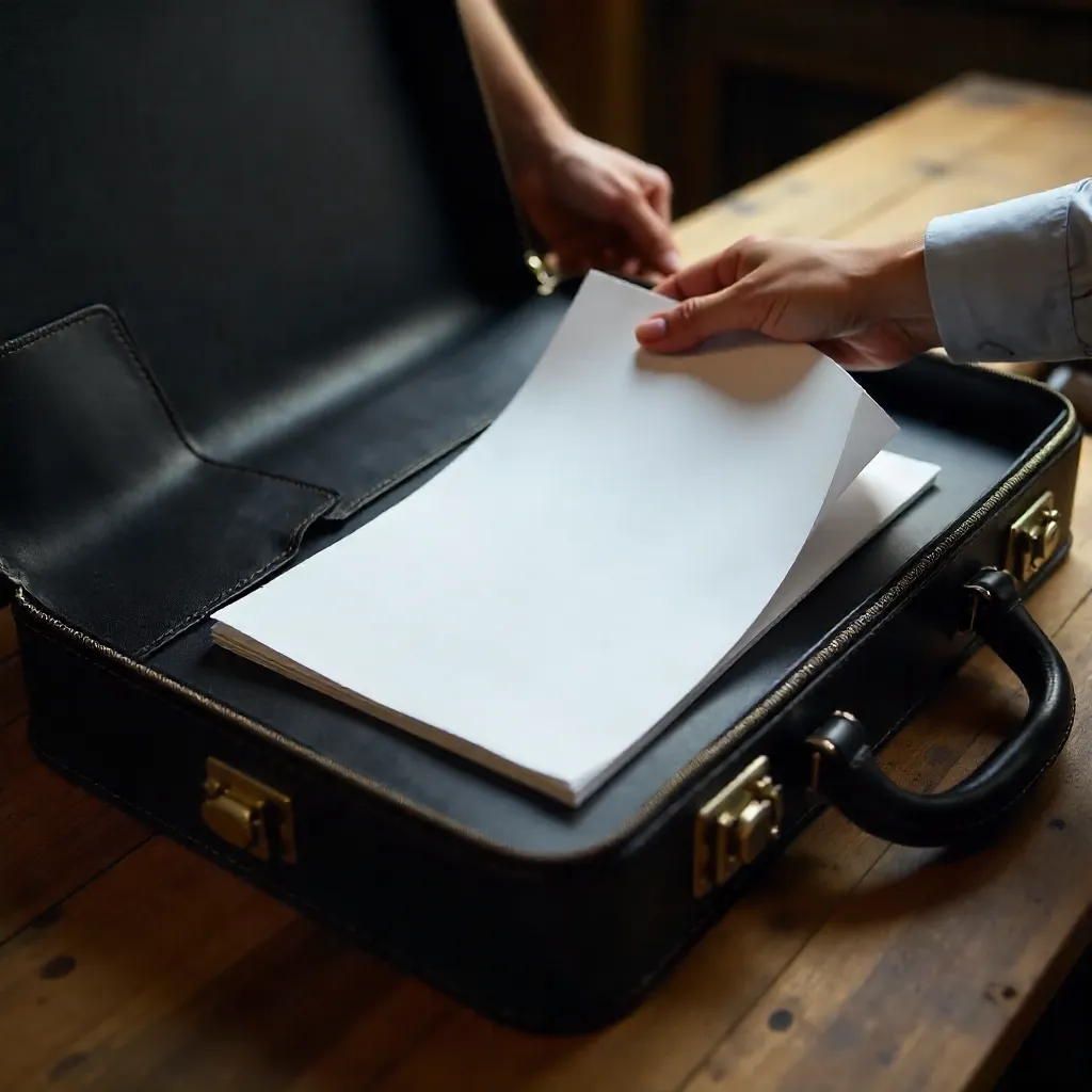 Crop: Anonymous Man Inserts Blank Paper into Briefcase