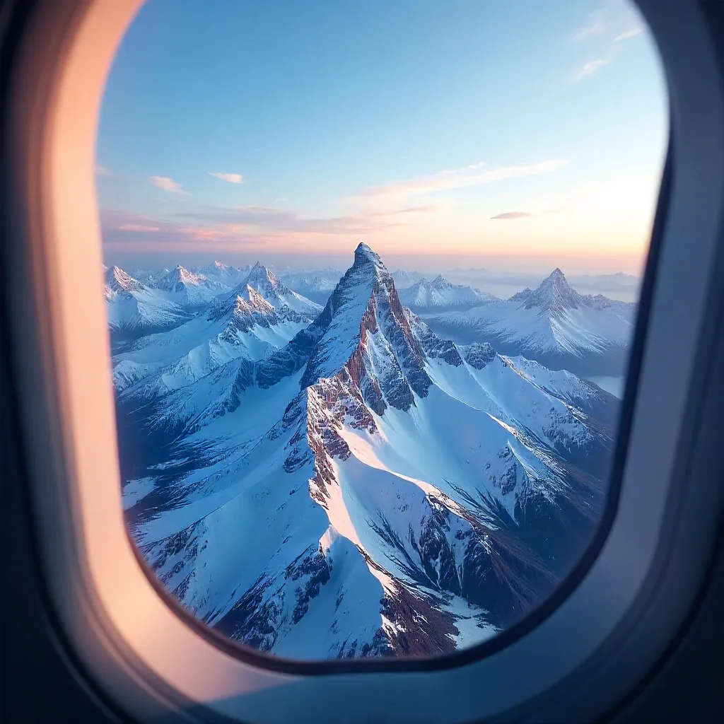 Aerial Panorama of Snow-Capped Mountains from a Window