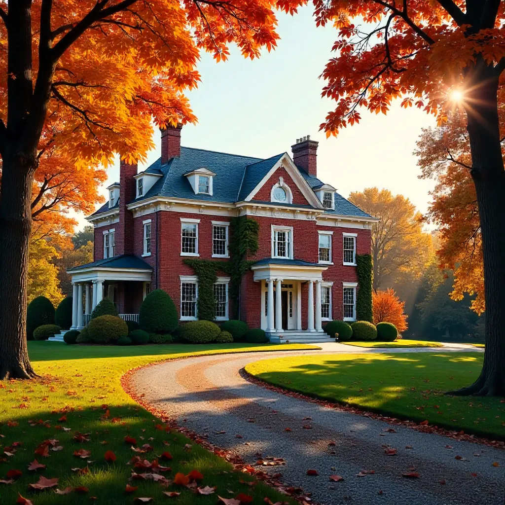 Autumn Bricked Mansion Framed by Golden Trees