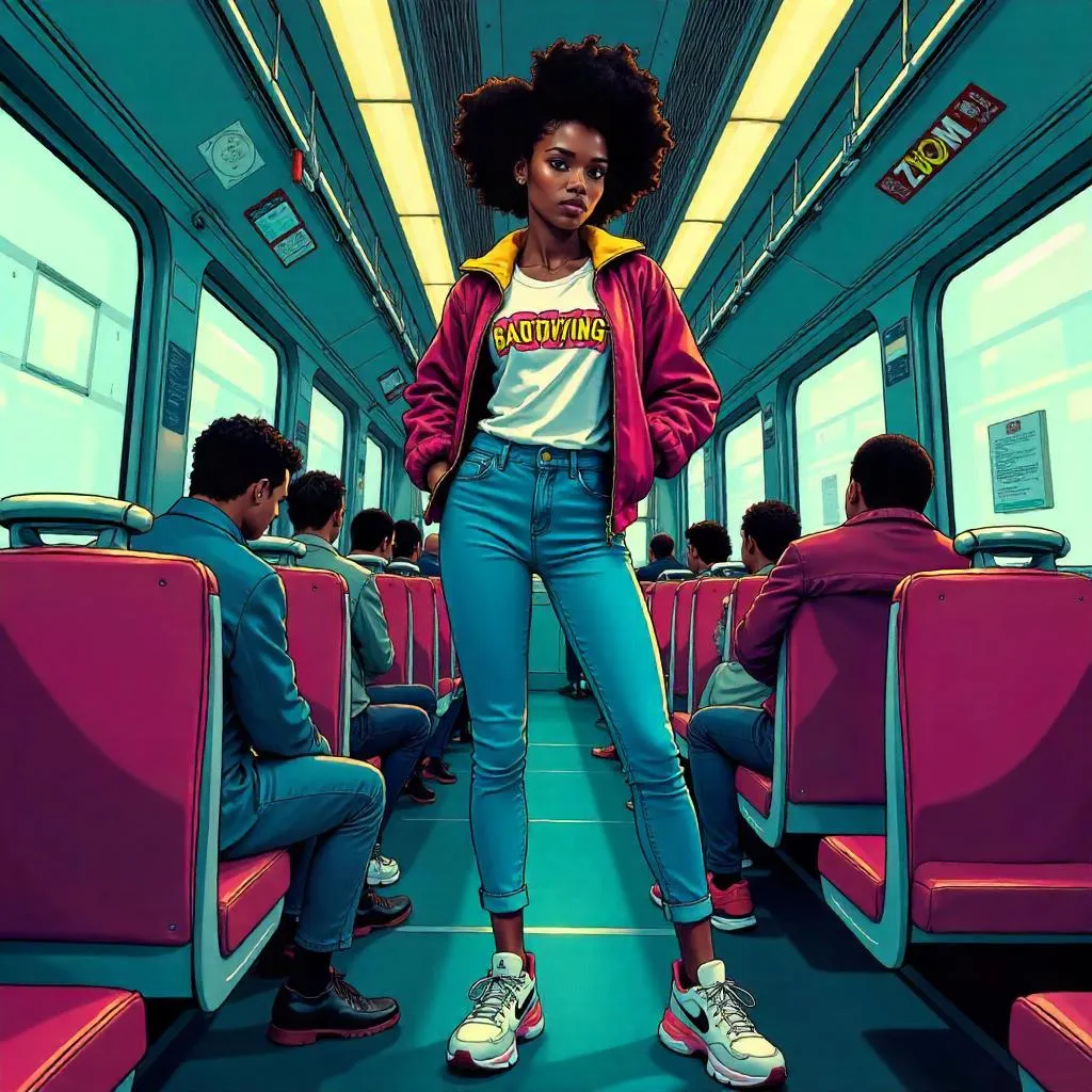 Stylish Black Girl in a Comic Train Scene