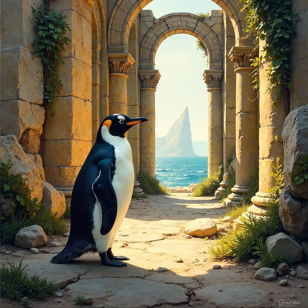 Penguin in Oil Among Temple Ruins