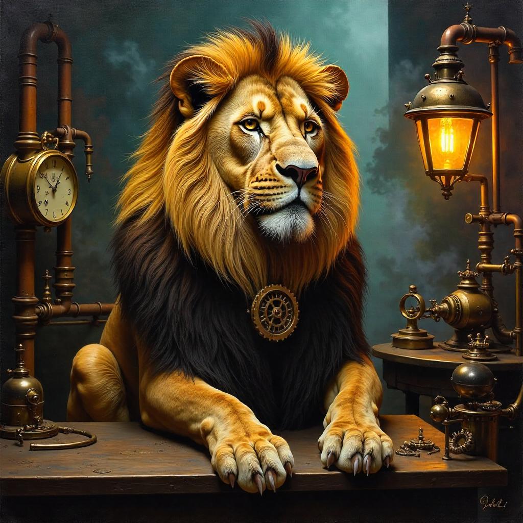 Lion in the Brass Workshop: An Oil Painting