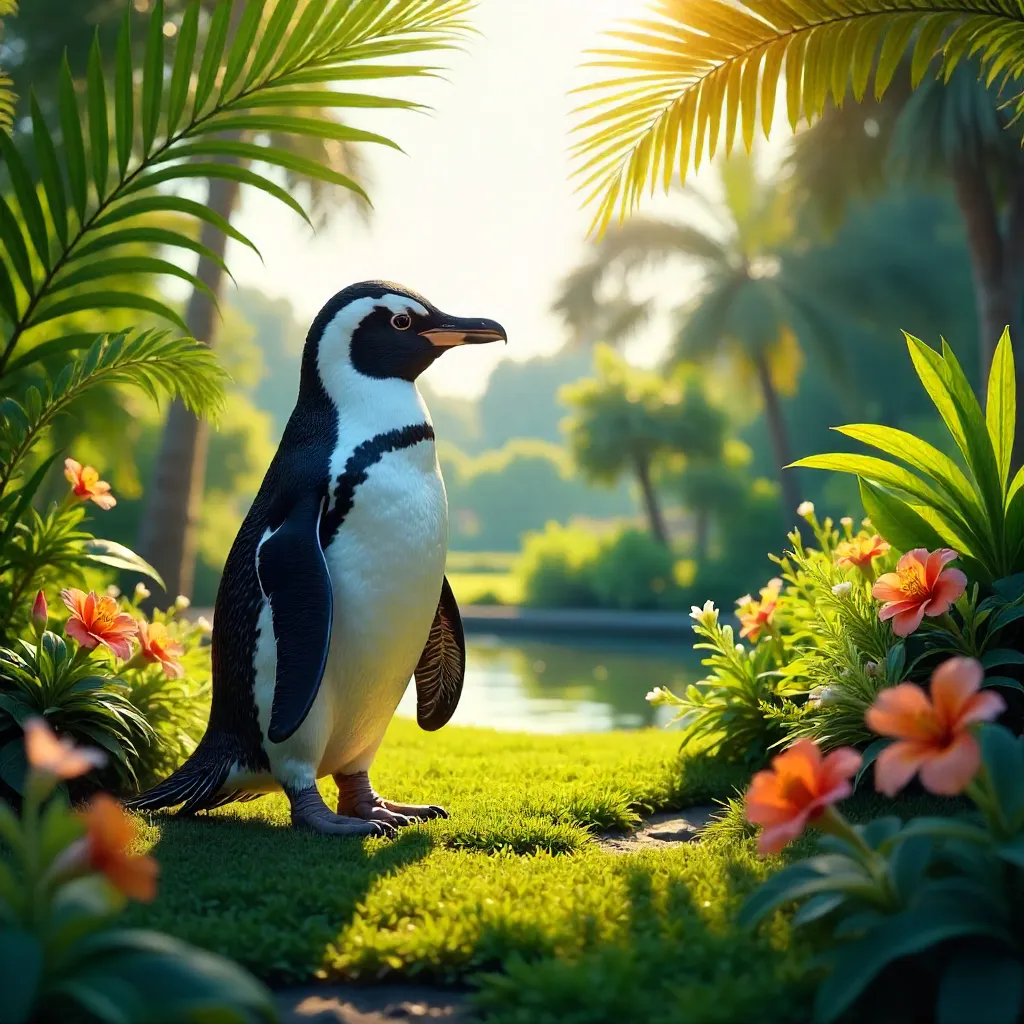 Sunny Humboldt Penguin Amid Lush Greenery