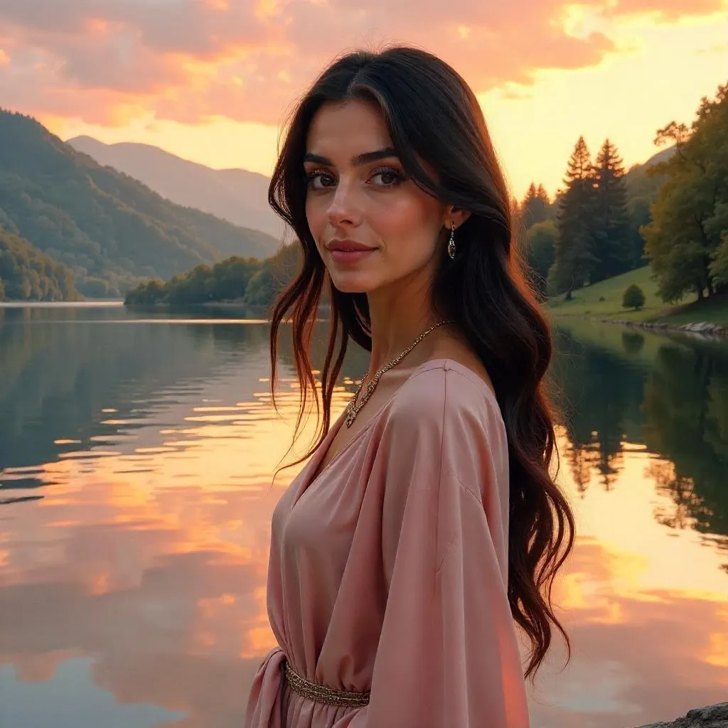 Lakeside Serene Beauty: Middle Eastern Woman in Digital Art