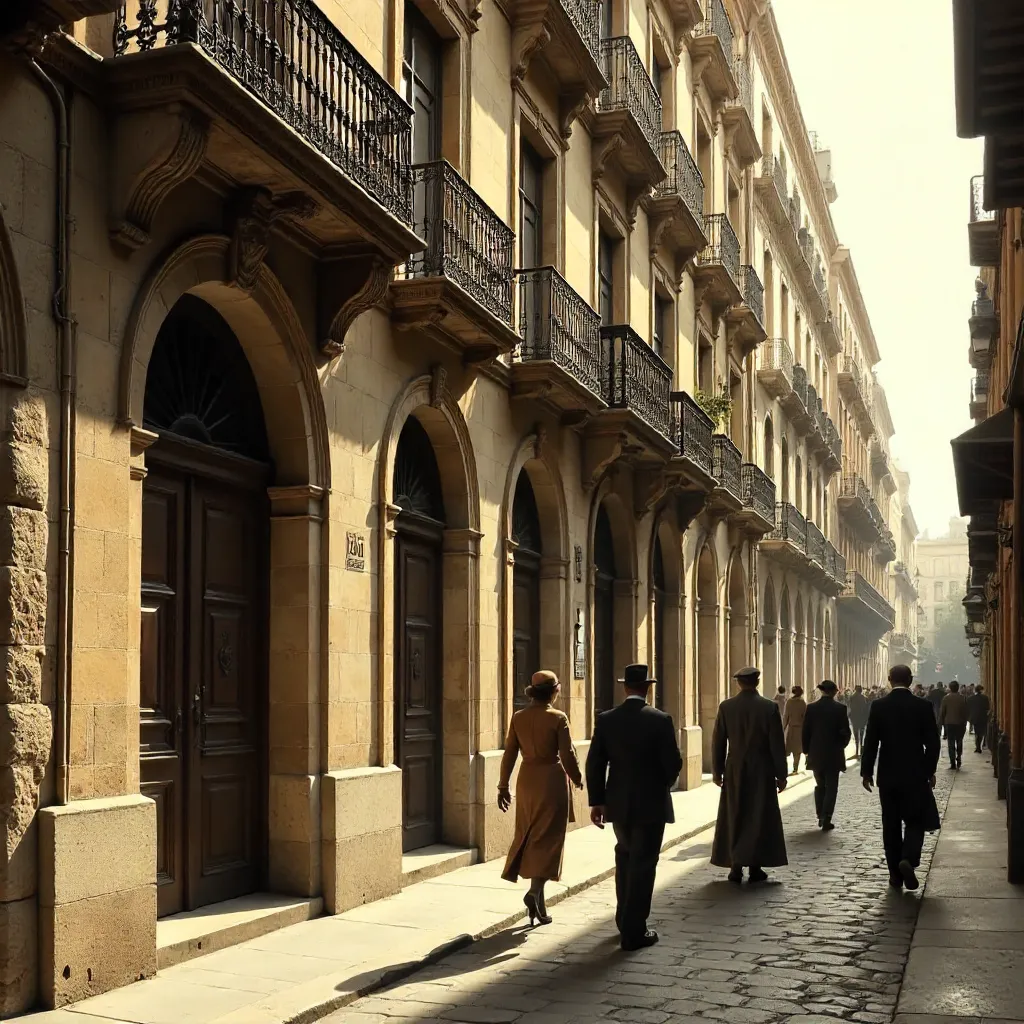 Barcelona Vintage Street: Pedestrians by Historic Building