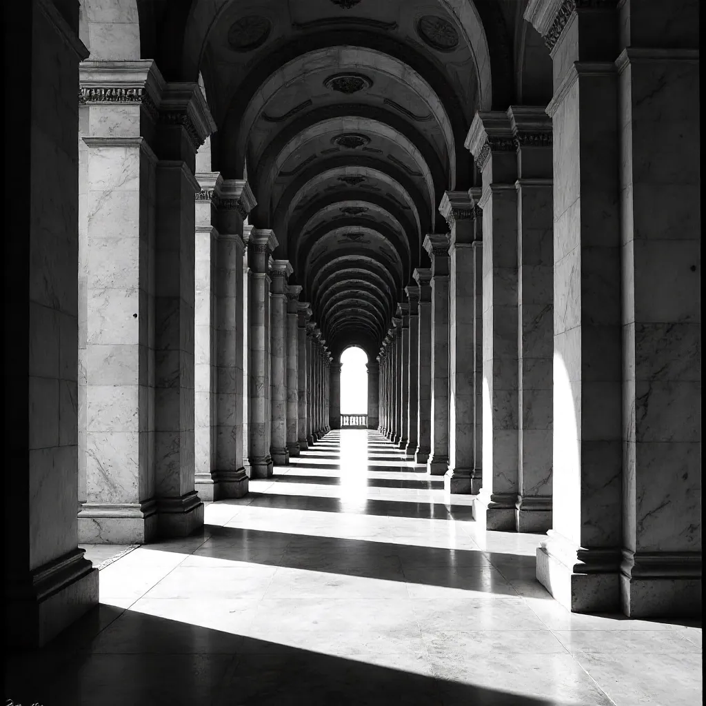 Monochrome Corridor of Massive Columns and Arches
