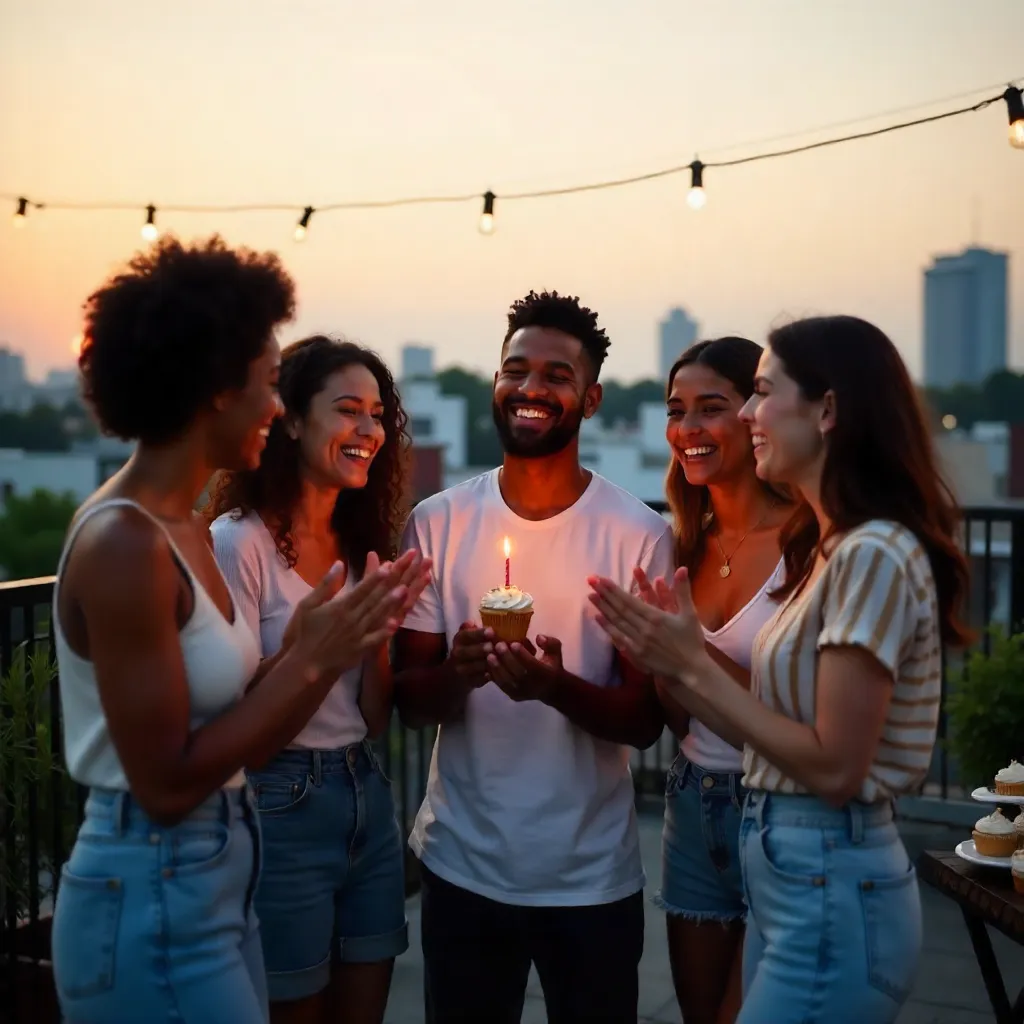 Rooftop Birthday Celebration with Multiracial Friends