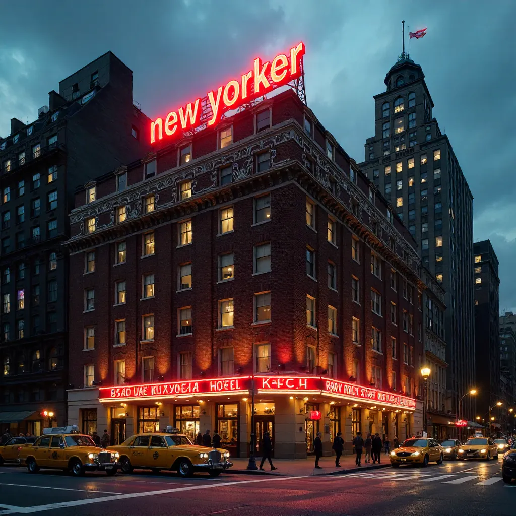 Neon Red Sign over The New Yorker Hotel, NYC