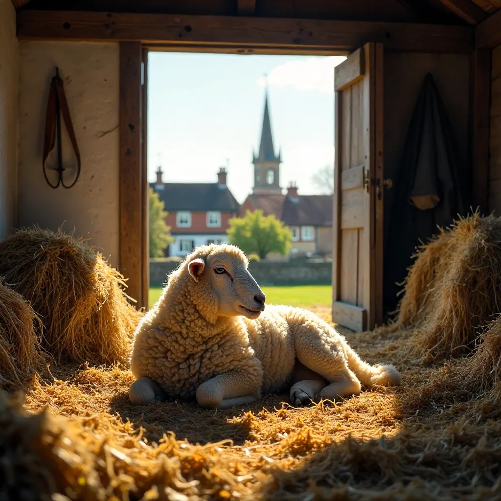 Sunlit London Barn: A Calm Sheep Resting
