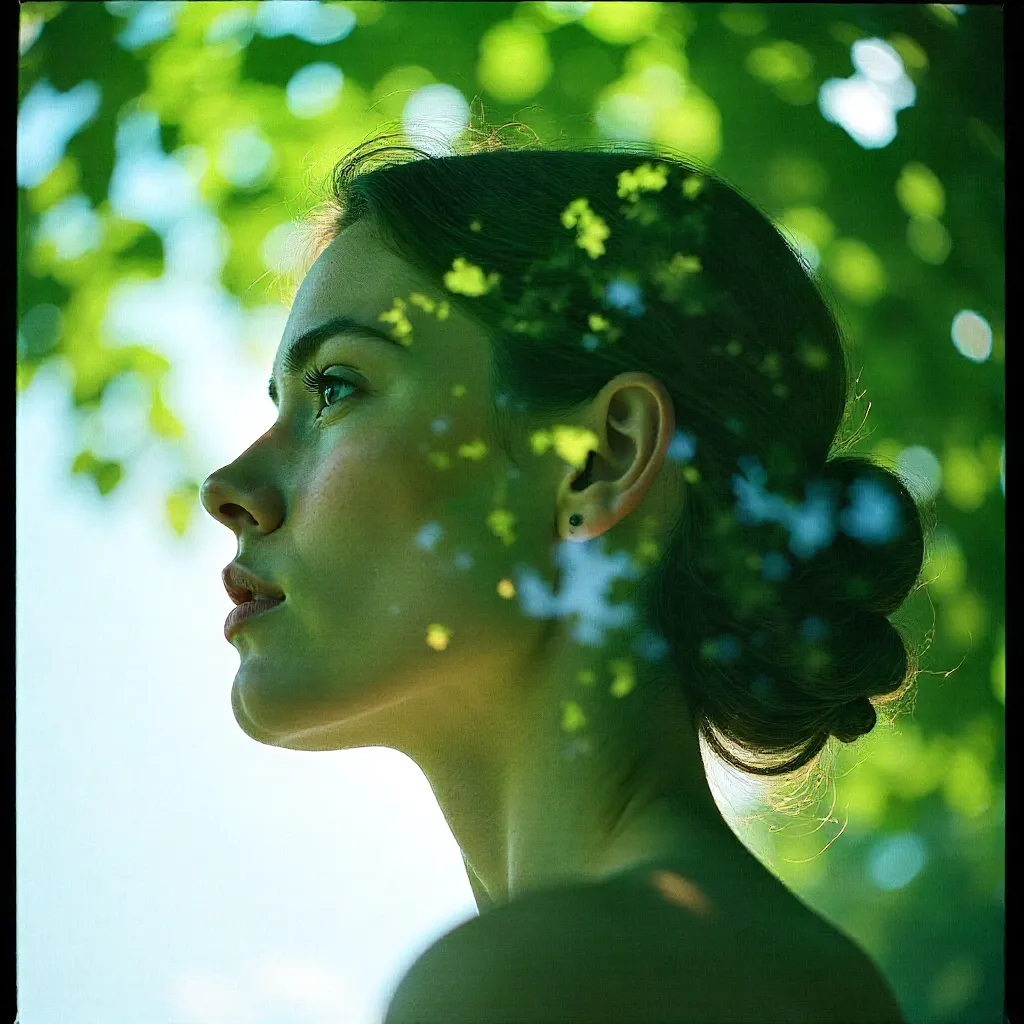 Leaves and Sky: A Face in Double Exposure