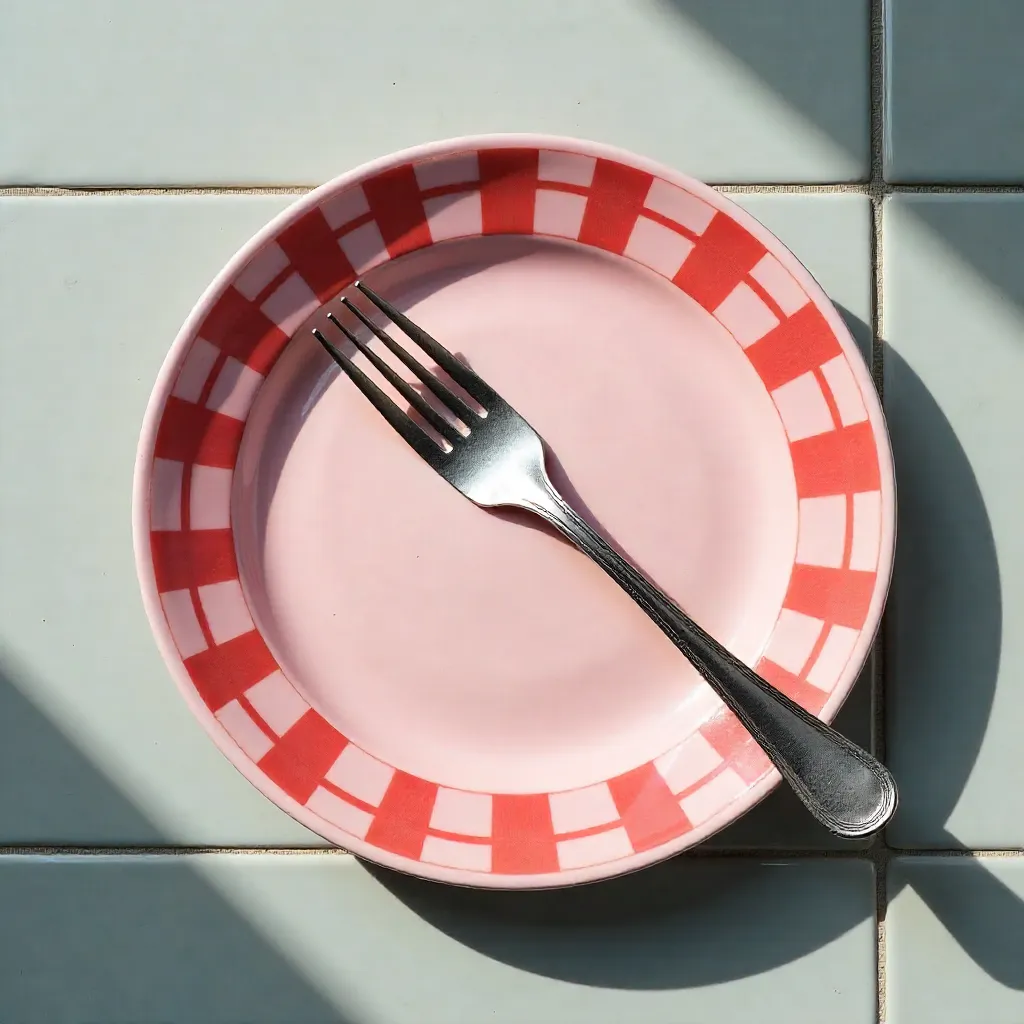 Pink Plate with Red Checkered Pattern on Tiles