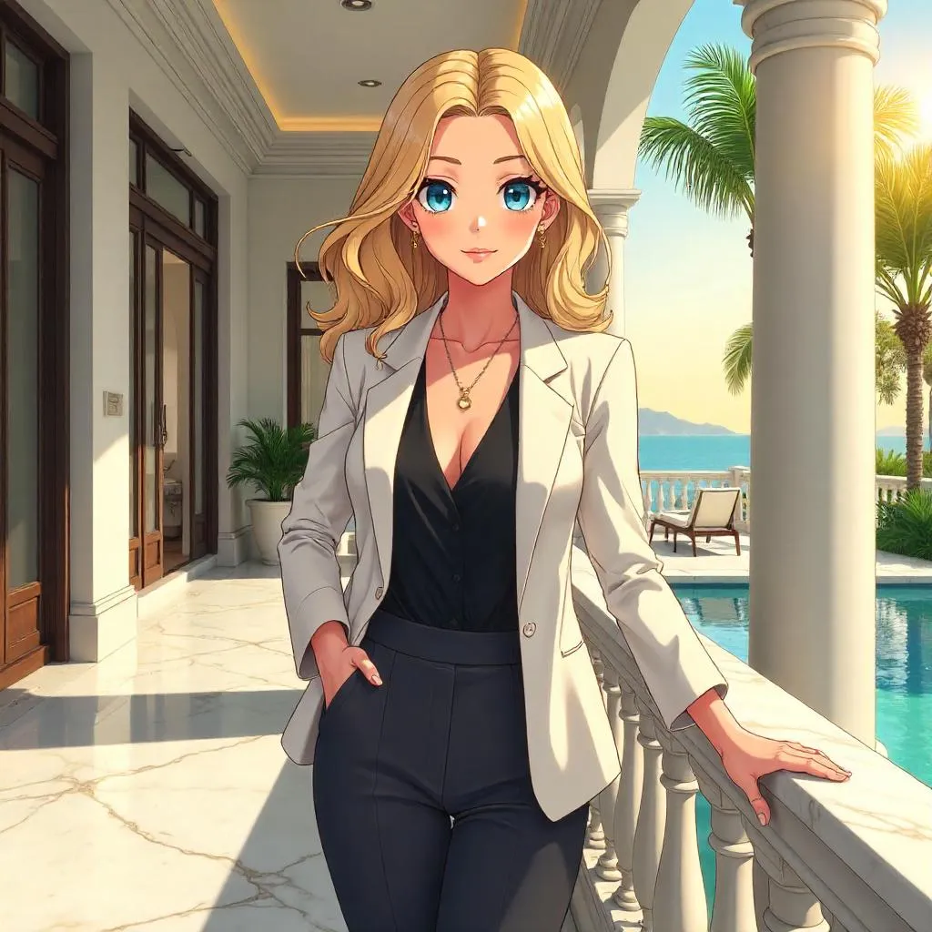 Confident Anime Woman in a Luxury Villa