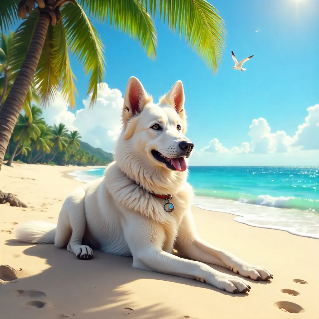 White Shepherd on a Sunny Tropical Beach