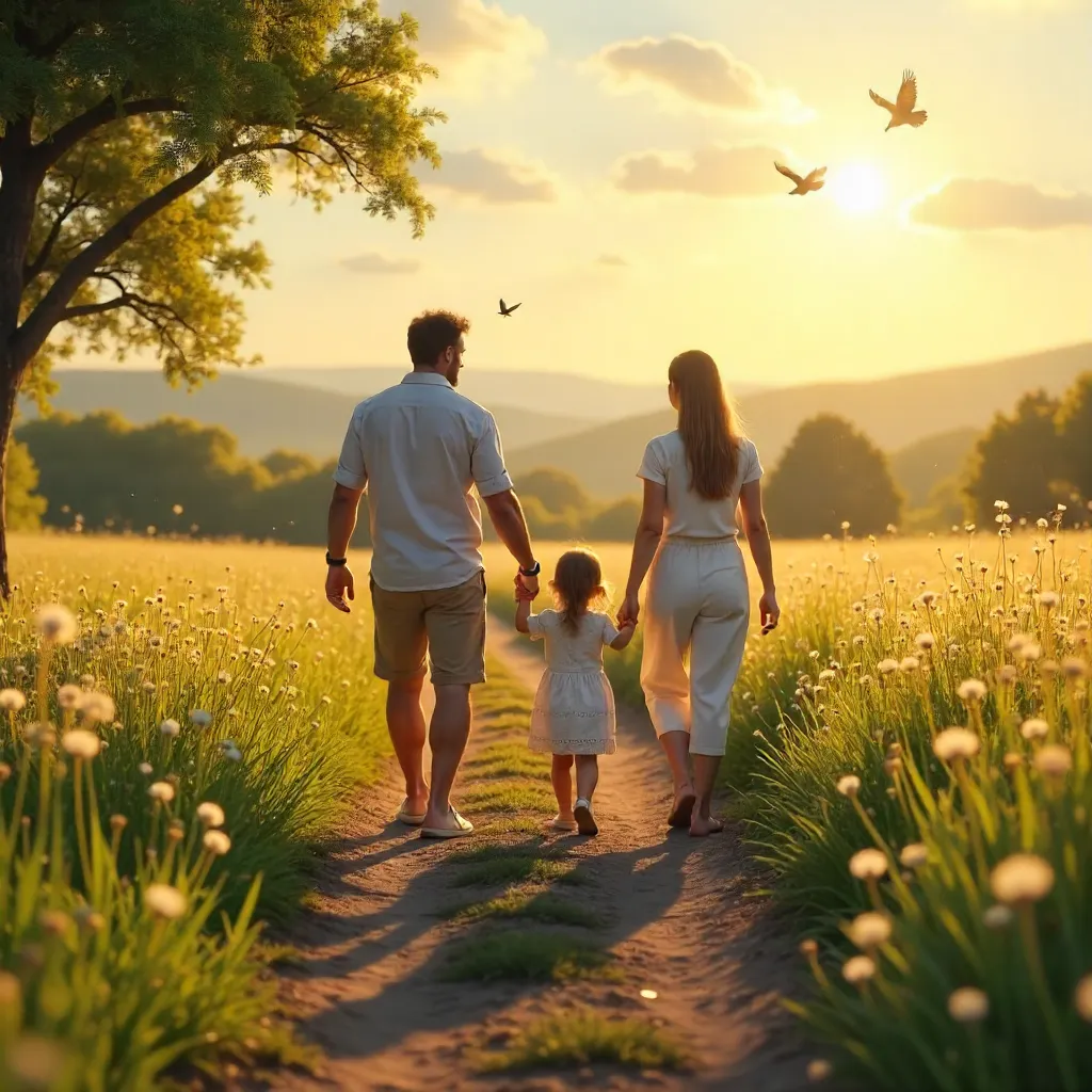Sunlit Meadow Walk: A Family in Harmony