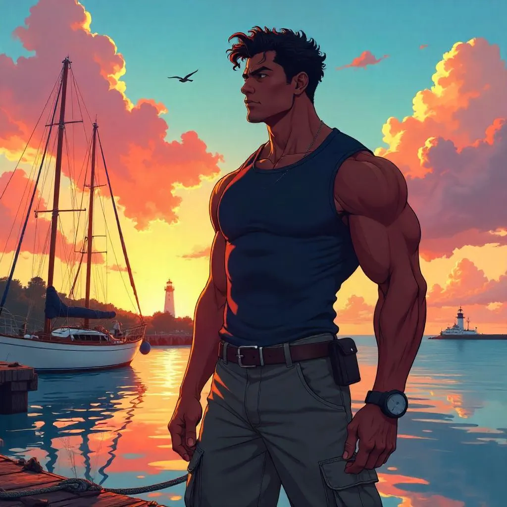 Shoreline Strength: Anime Black Man at Marina