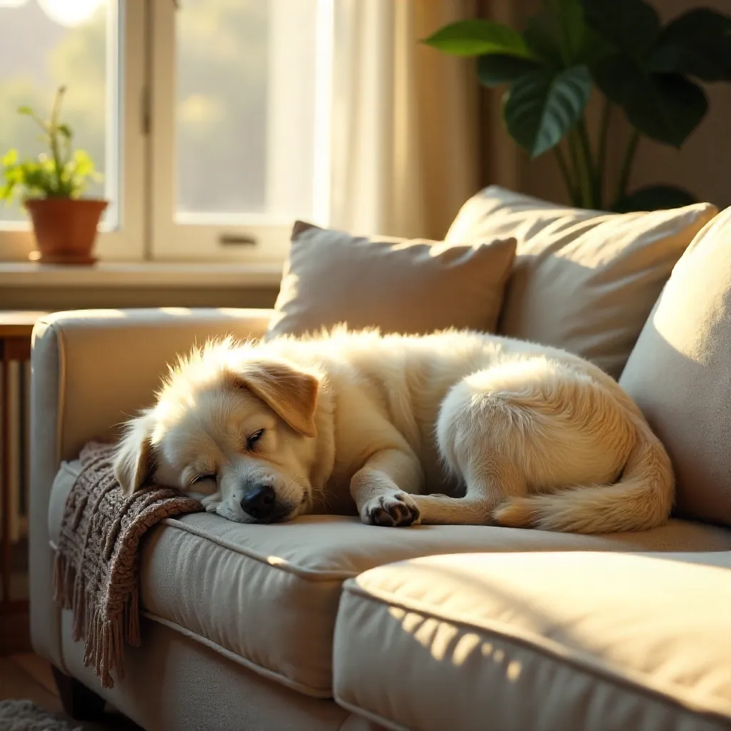 Sunlit Nap: Fluffy White Dog on a Couch