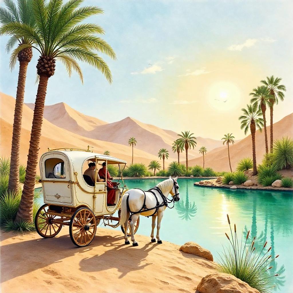Watercolor Oasis Carriage at Sunset