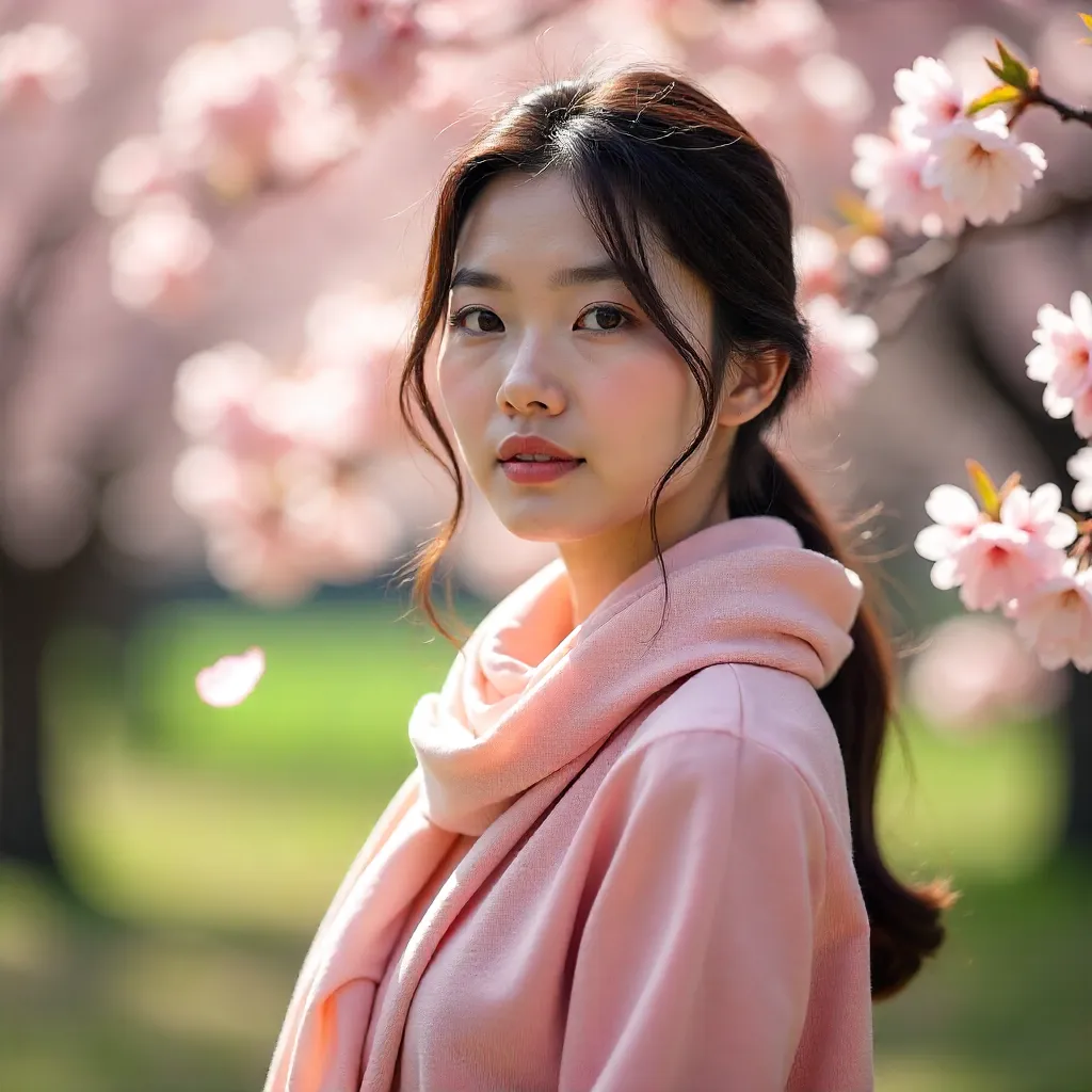 Serene Spring Portrait: Woman Among Cherry Blossoms