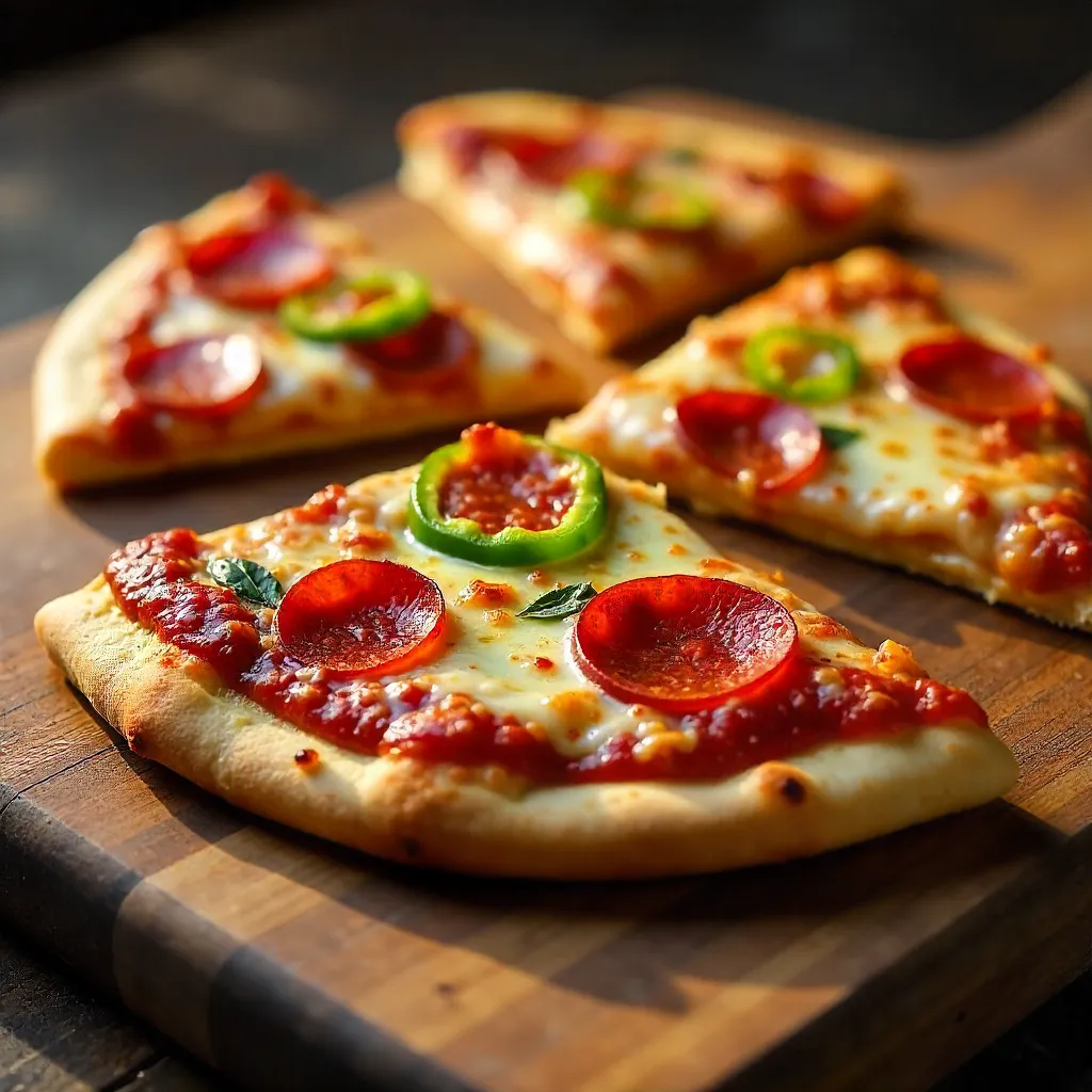 Macro Close-Up: Pepperoni & Bell Pepper Pizza on Wood Board