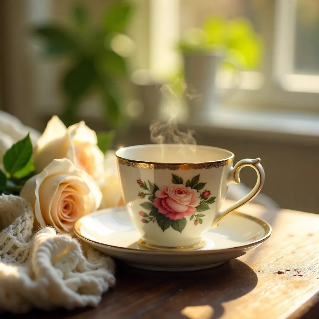 Elegant Coffee Cup on Floral Saucer with White Roses