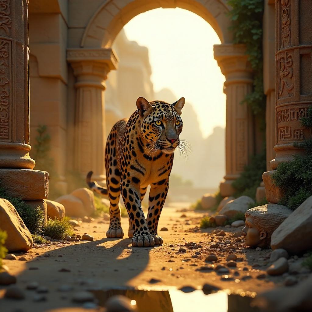 Leopard Amid Ancient Ruins: A 3D Render