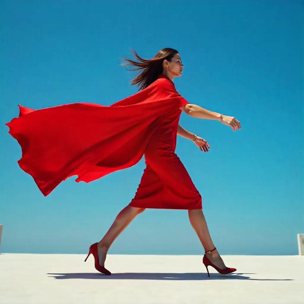 Dynamic Red Fashion Pose Under a Clear Blue Sky