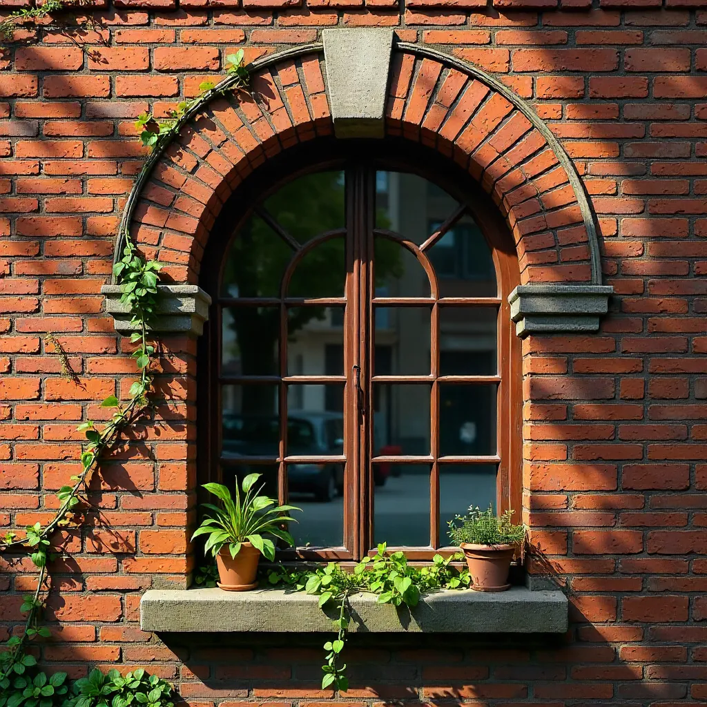 Close-Up of Historic Brick Arch Window with Ivy