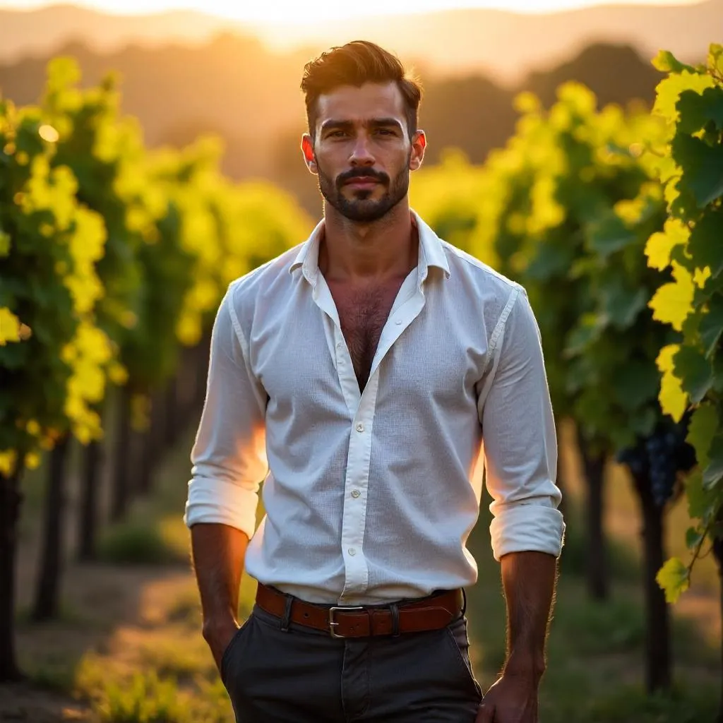 Photorealistic Latino Man in a Golden Vineyard