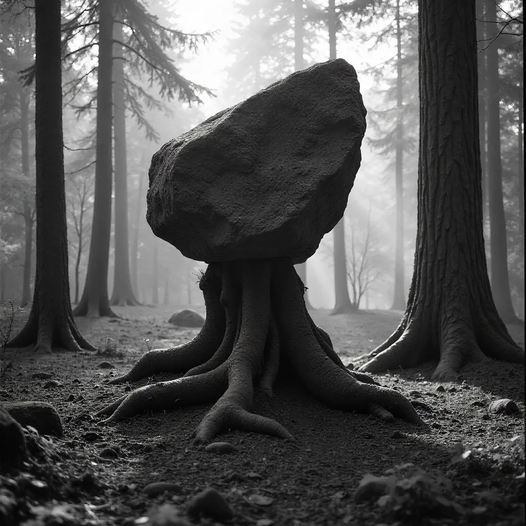 Monochrome Rock Amid a Serene Forest