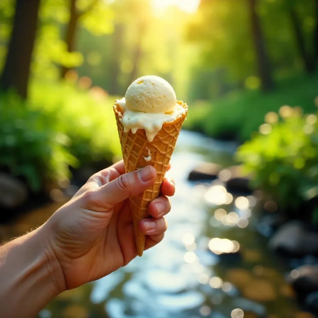 Sunlit Summer Ice Cream by a Flowing Stream