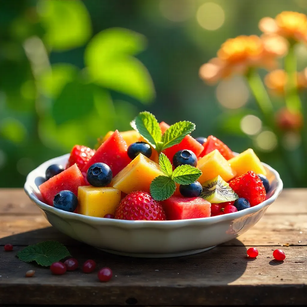 Vibrant fruit salad in a ceramic dish in a sunlit garden
