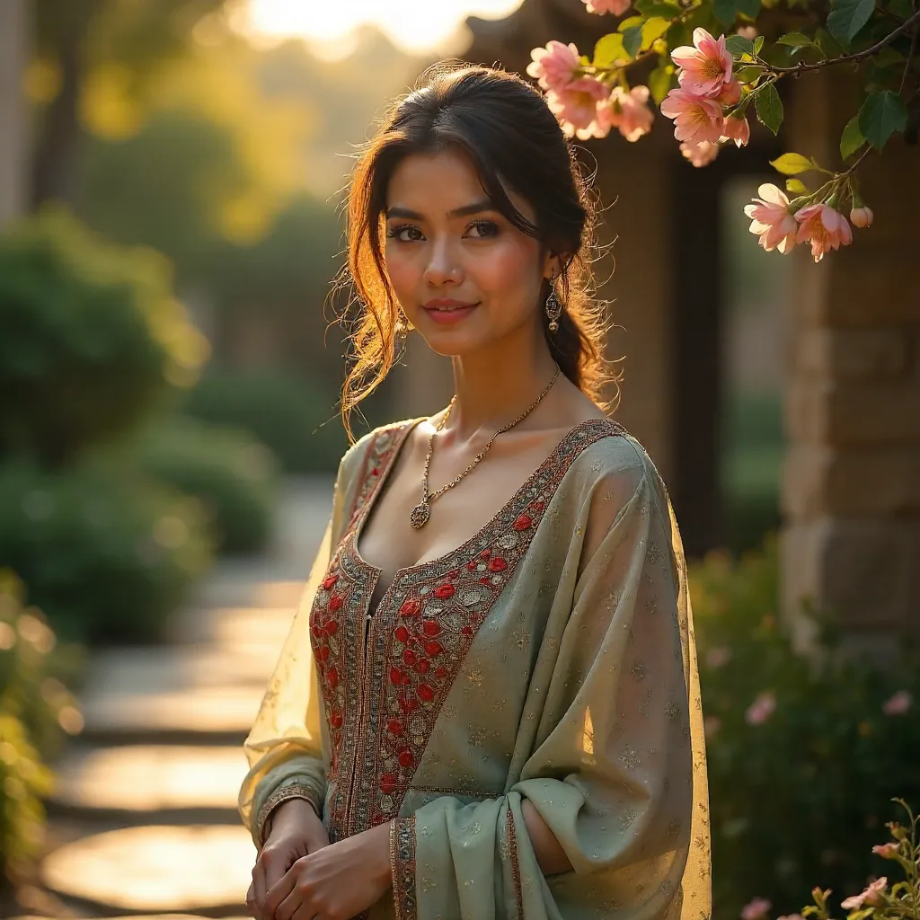 Serene Woman in Traditional Attire Outdoors