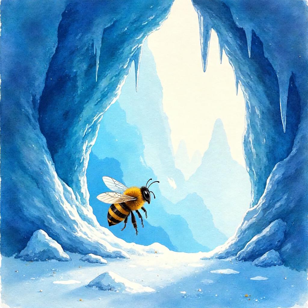 Watercolor Bee in an Ice Cave with Crystals