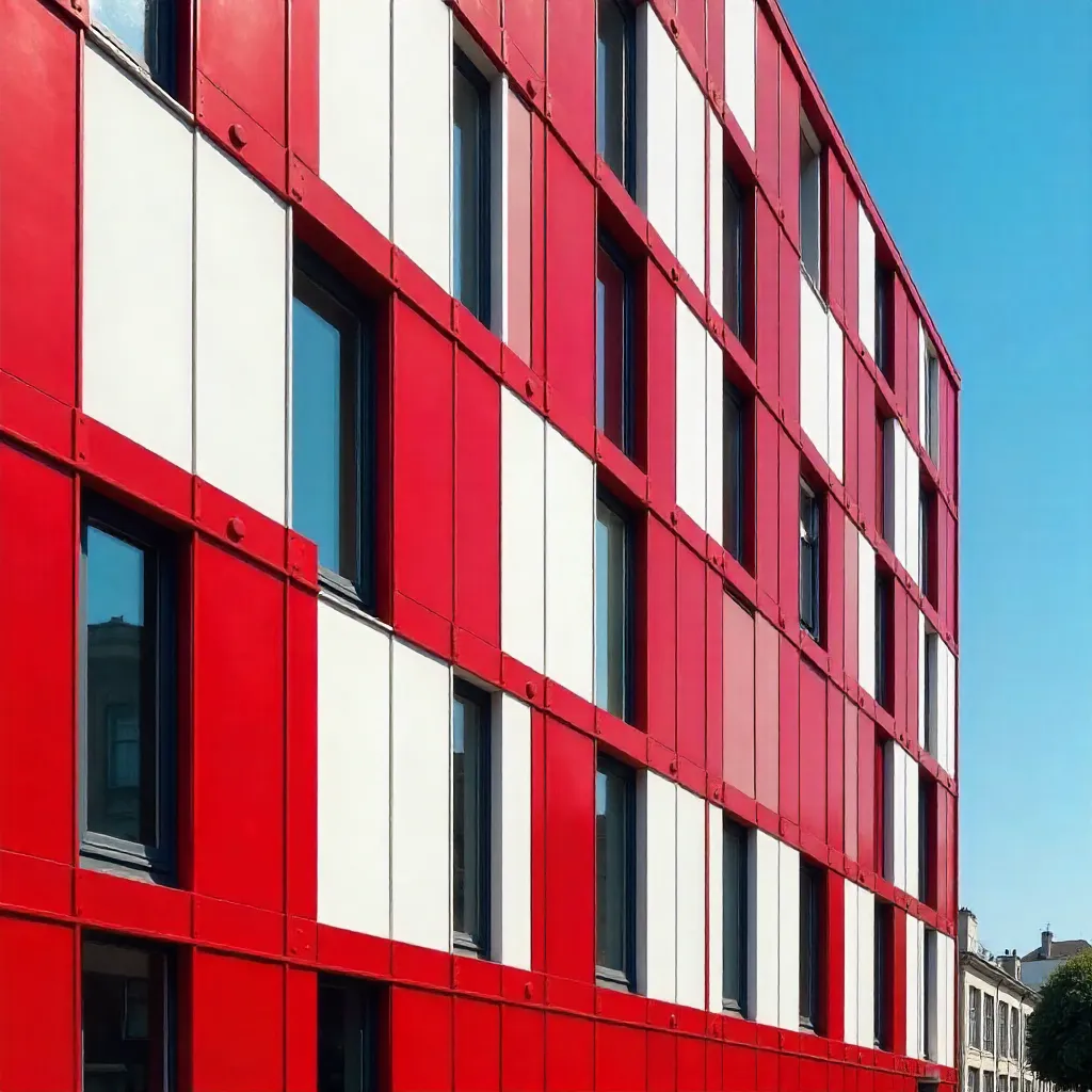 Contemporary Red-White Panel Facade Under Azure Sky