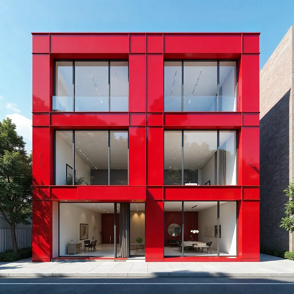 Red and White Modern Facade Under a Clear Blue Sky