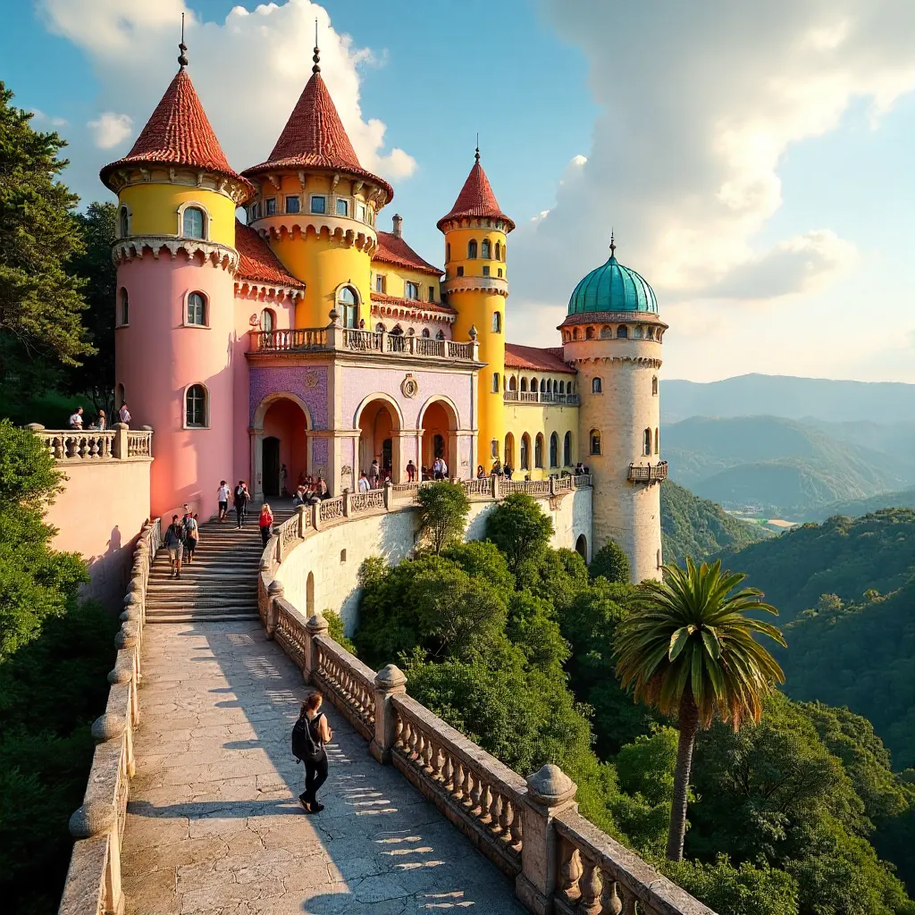 Vibrant Pena Palace Tourists in Sintra, Portugal