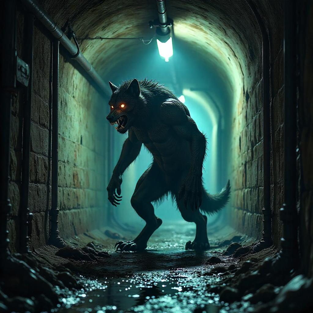 Photoreal Werewolf in Damp Underground Tunnels