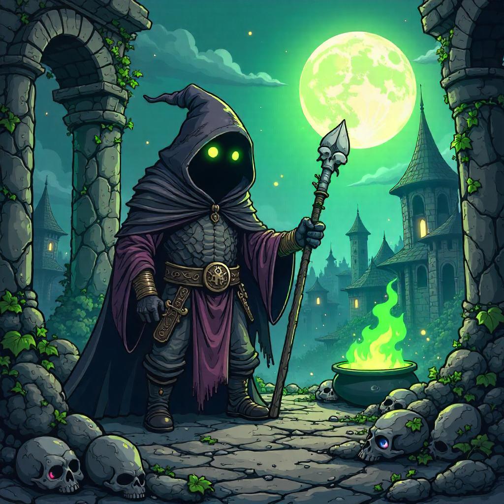 Cartoon Necromancer in a Ruined Cityscape